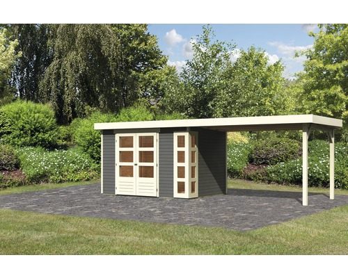 Gartenhaus Karibu Naomi 4 mit seitlichem Anbau 2,8 m 591,5 x 238 cm terragrau Gartenhaus mit Carport auf gepflasterter Fläche im Garten
