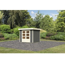 Garten Szene mit Gerätehaus mit Doppeltür vor Bäumen und Sträuchern