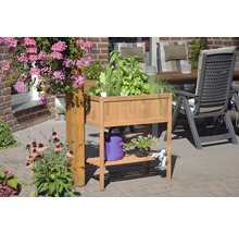 Hochbeet aus Holz mit Kräutern und Blumen auf einer Terrasse