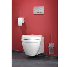 Hängendes WC mit Toilettenpapier, Spültaste und Toilettenbürste an der Wand