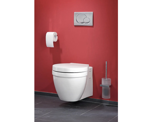 Hängendes WC mit Toilettenpapier, Spültaste und Toilettenbürste an der Wand