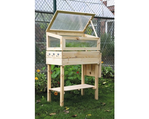 Hochbeet aus Holz mit Frühbeetaufsatz und Ablageboden
