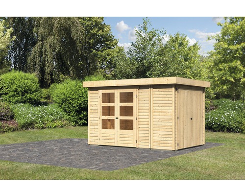 Gartenhaus Karibu Karola inkl. Anbauschrank Unterkonstruktion 319 x 217 cm Gartenhaus aus Holz mit Doppeltür und Fenster