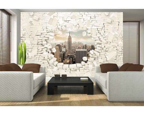 Wohnzimmer mit New York Motivtapete in Steinoptik