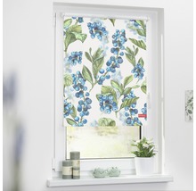 Fenster mit einem Rollo mit Beerenmuster für den Sonnenschutz