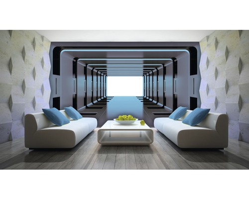 Modernes Wohnzimmer mit weißen Sofas, Couchtisch und futuristischer Wandgestaltung