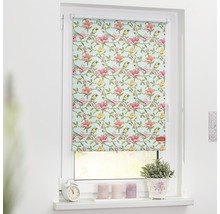 Fenster mit einem Rolladen mit Vogel- und Blumenmuster