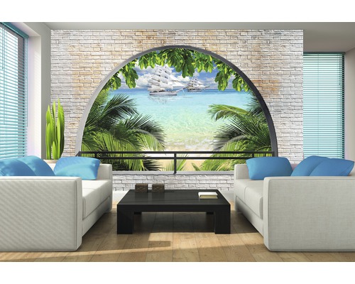 Wohnzimmer mit Fototapete mit Meerblick und Segelbooten
