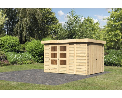 Gartenhaus Karibu Karola inkl. Anbauschrank Unterkonstruktion 319 x 246 cm Gartenhaus aus Holz mit Flachdach und Doppeltür