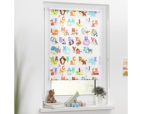 Klemmrollo Lichtblick ohne Bohren Thermo ABC-Tafel 120x150 cm inkl. Klemmträger Fenster mit Rollo mit Tiermotiven und Buchstaben für Kinderzimmer