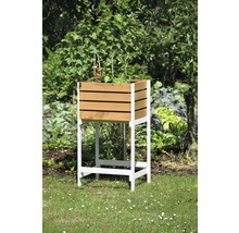 Hochbeet aus Holz mit Pflanzen im Garten