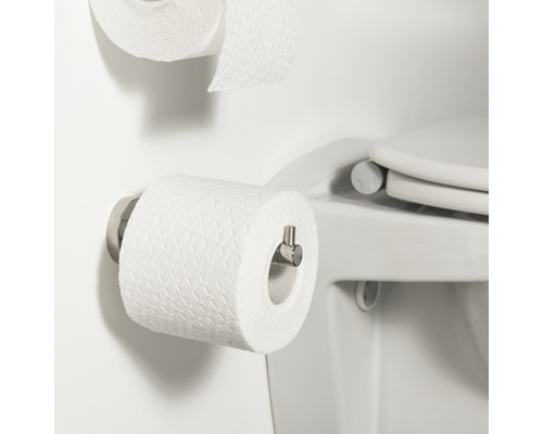 Toilettenpapierhalter mit Rolle und Toilettensitz im Badezimmer