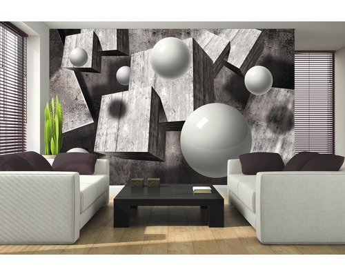 Wohnzimmer mit Fototapete mit Würfeln und Kugeln