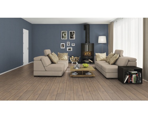 Wohnzimmer mit zwei Sofas, Kaminofen, Couchtisch und Holzboden