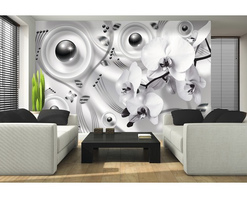 Wohnzimmer mit Fototapete mit floralem und geometrischem Muster