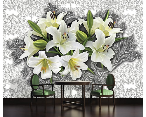 Tapete mit Lilienmotiv, Tisch und Stühlen