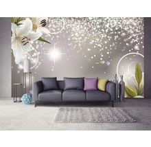 Wohnzimmer mit Sofa, Teppich, Dekoration und Fototapete mit Blumenmuster