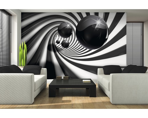Wohnzimmer mit Fototapete mit Tunnel und Kugeln