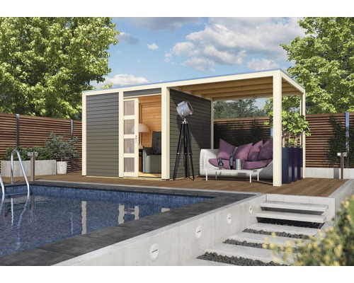 Gartenhaus Karibu Carlson inkl. Anbaudach 2,4 m, selbstklebender Dachfolie und Aluminium Abtropfwinkel 484x246 cm terragrau