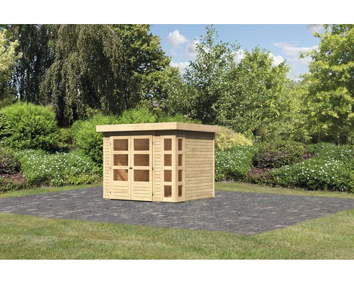 Holzgartenhaus mit Flachdach und Fenstern im Garten