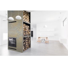 Modernes Wohnzimmer mit Kamin und Holzregal