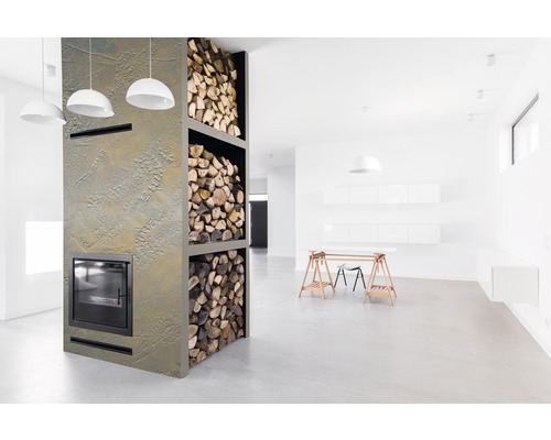 Modernes Wohnzimmer mit Kamin und Holzregal