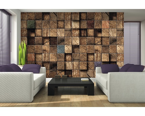 Wohnzimmer mit Fototapete in Holzblockoptik