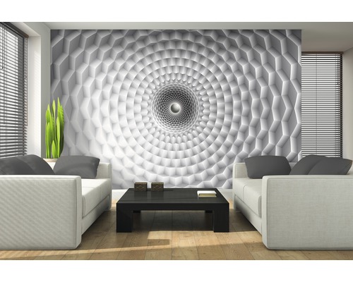 Wohnzimmer mit weißen Sofas und einer Fototapete mit 3D Tunnel Design