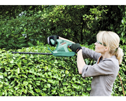 Frau schneidet Hecke mit einer Heckenschere von Bosch