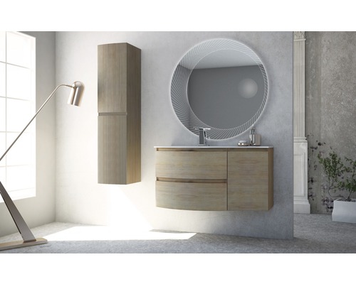 Modernes Badezimmer mit Waschtischunterschrank, Spiegelschrank und beleuchtetem Spiegel