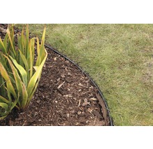 Gartenszene mit Rasen, Rindenmulch und einer Rasenkante zur Begrenzung