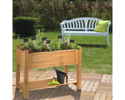 Holz-Pflanztisch mit Kräutern, Gießkanne und Gartenbank im Hintergrund