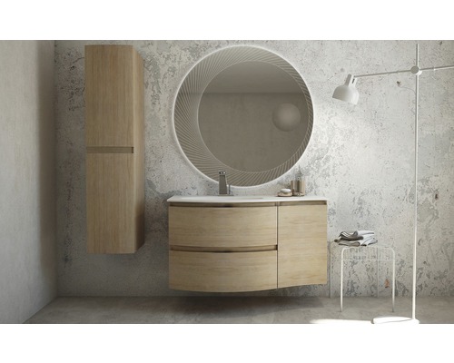Modernes Badezimmer mit Waschtisch, Spiegelschrank und runden Spiegel mit Beleuchtung