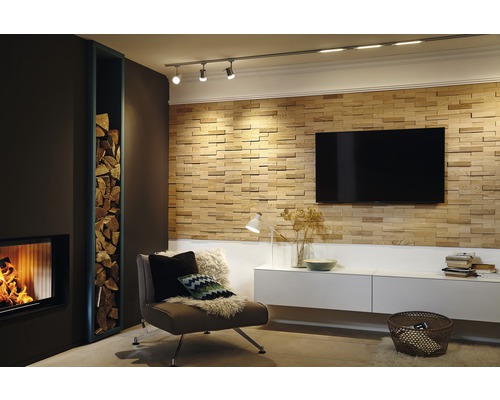 Wohnzimmer mit Kamin, Holzregal, Sessel, TV-Wand und Deckenleuchte