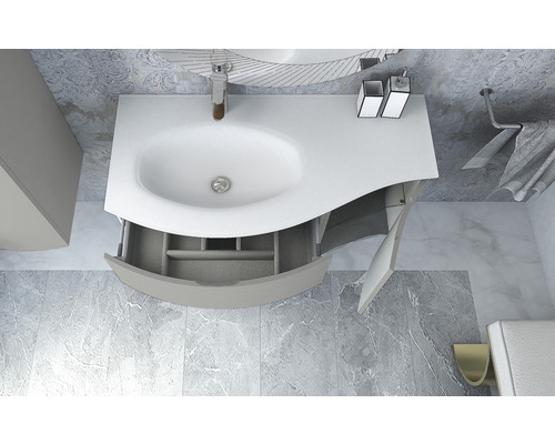 Badezimmer Waschbeckenunterschrank mit offenem Schubfach, Armatur und Ablageflächen