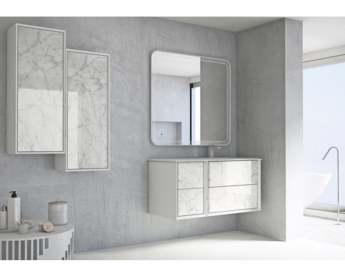 Modernes Badezimmer mit Waschbeckenunterschrank, Spiegelschrank und Spiegel mit Marmoroptik