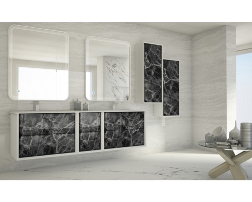 Modernes Badezimmer mit Waschtischunterschrank, Spiegeln und Hängeschränken im Marmor Design