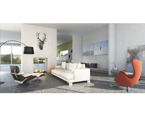 Heller Wohnraum mit Sofa, Sessel und Kamin