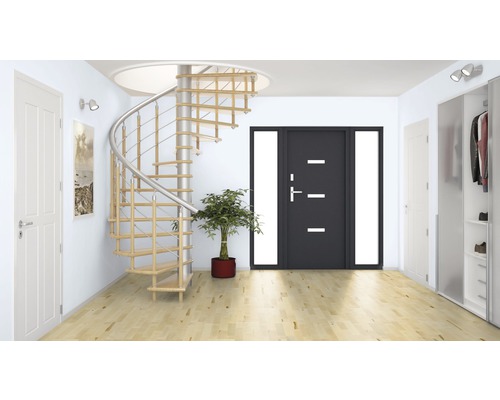 Flur mit Wendeltreppe, Haustür, Innentüren und Garderobe