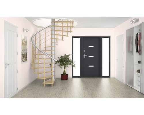 Heller Eingangsbereich mit Wendeltreppe, Haustür und Garderobe.