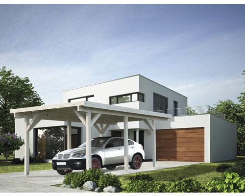 Modernes Haus mit Carport und geparktem Auto