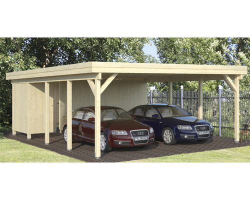 Holzcarport mit zwei geparkten Autos und angrenzendem Abstellraum.