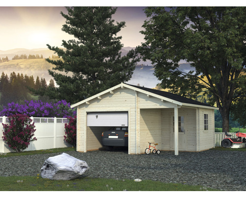 Einzelgarage Palmako Roger 21,9+5,2 m² mit Sektionaltor 564 x 598 cm natur Holzgarage mit angebautem Schuppen und Auto