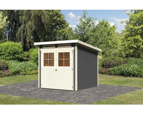 Gartenhaus Karibu Glücksburg inkl. Unterkonstruktion 213 x 217 cm terragrau Gartenhaus mit Doppeltür und Flachdach im Garten