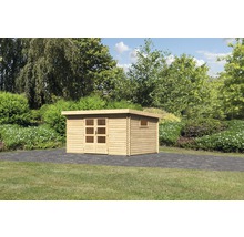Holzgartenhaus mit Doppeltür und Fenster im Garten