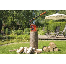 Spaltaxt und Holzscheite im Garten