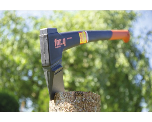 Spaltaxt im Baumstumpf mit For_q Logo