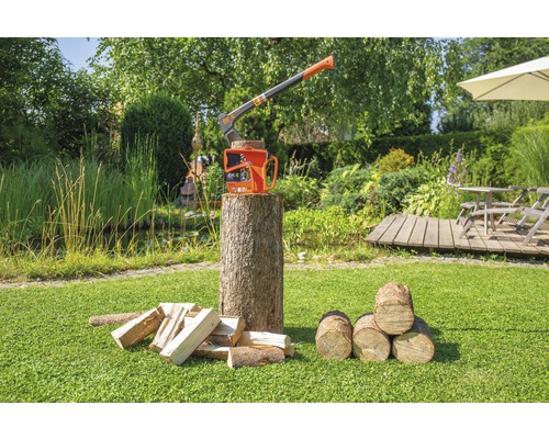 Spaltaxt mit Spaltkeil auf einem Holzstamm im Garten mit Brennholz.