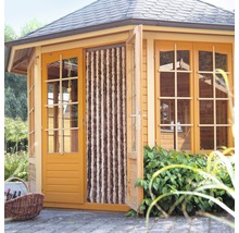 Holzpavillon mit geöffneter Tür und Insektenschutz