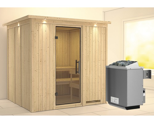 Elementsauna Karibu Sodina inkl. 9 kW Ofen u.integr.Steuerung mit Dachkranz und Ganzglastüre aus Klarglas